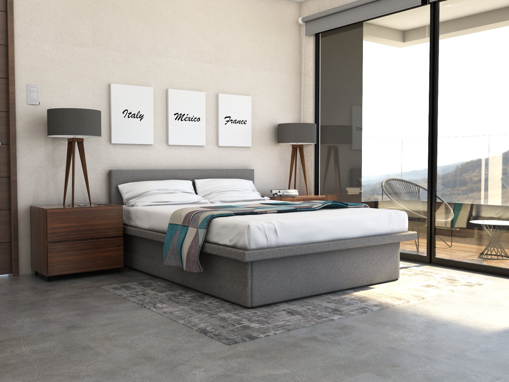 Cunert base de cama queen size con laminado de madera color concreto // MS