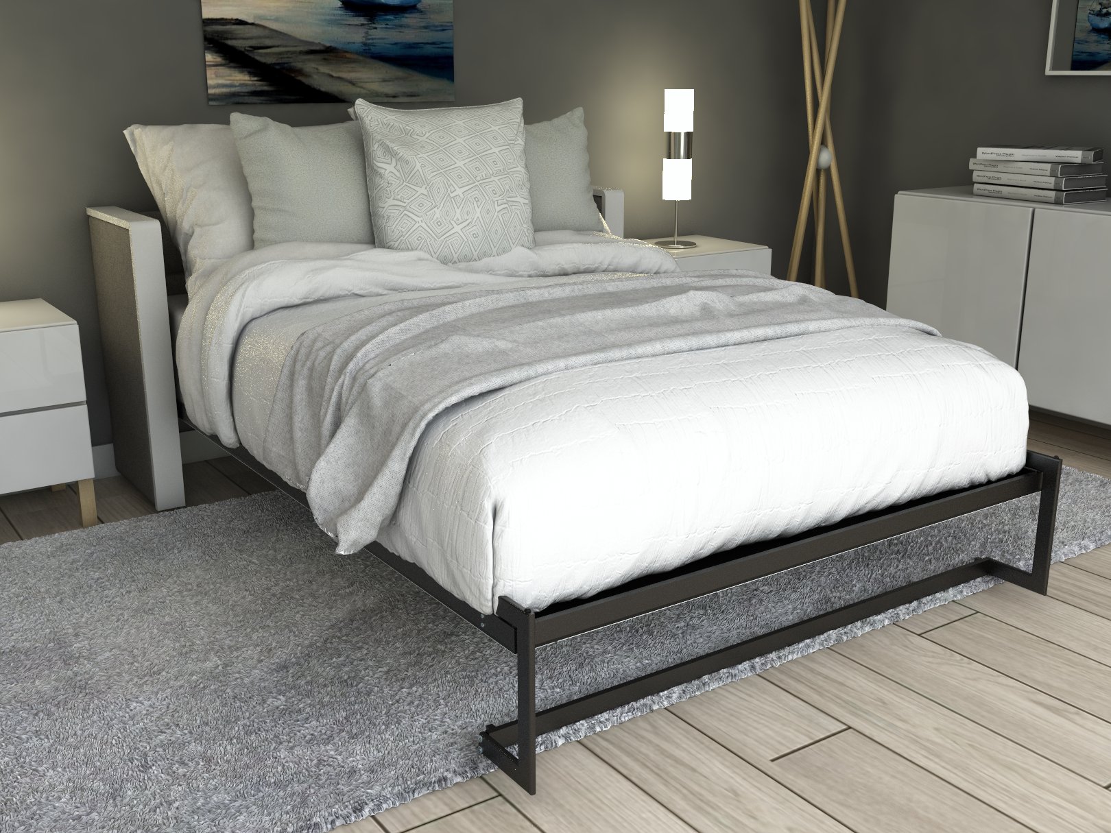 Esentelle base de cama matrimonial con laminado de madera color fresno // MS